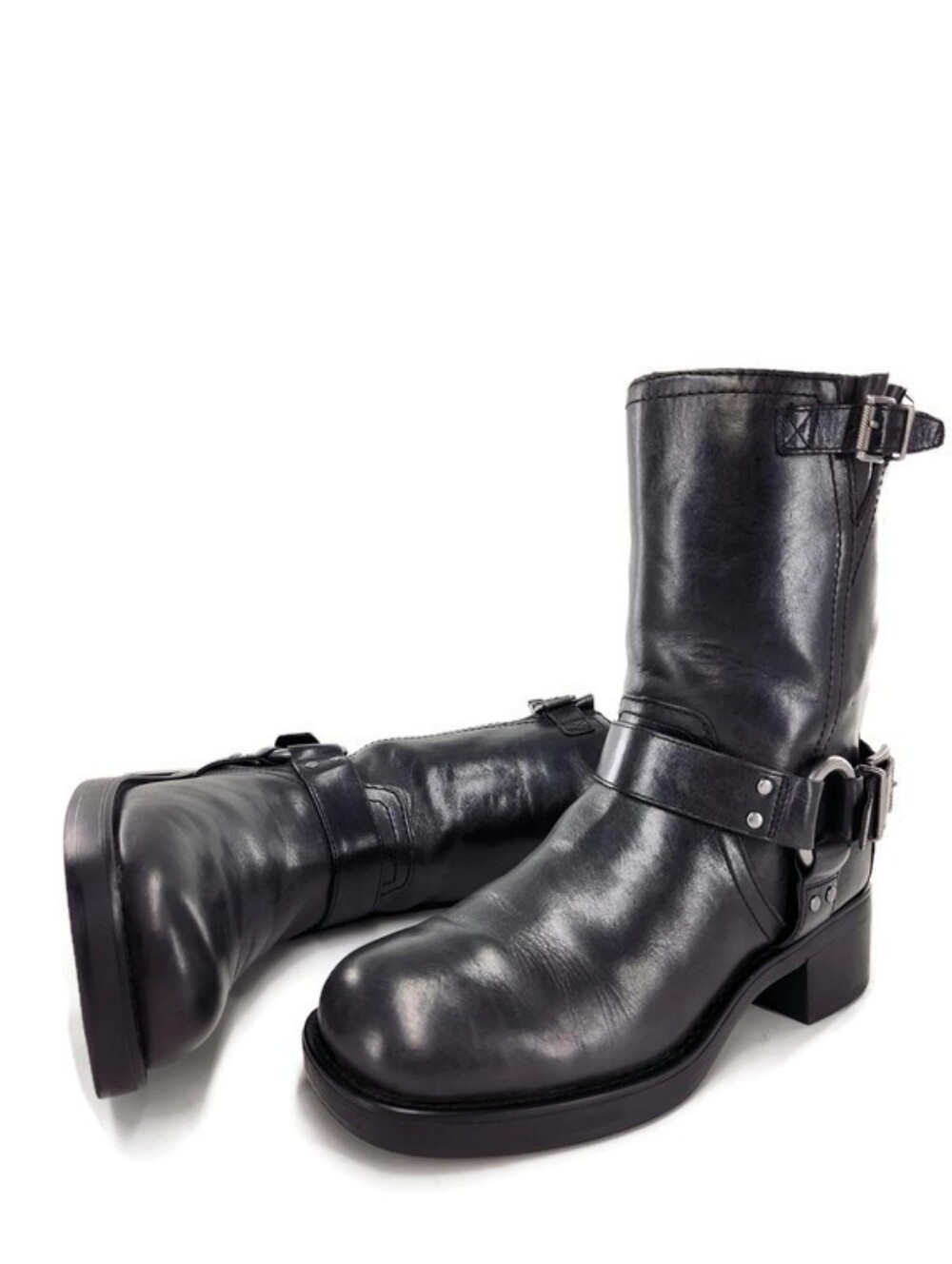 Vince Camuto Kaemie Black Leather Harness Ankle Strap & Ring Mid-Calf Moto Boots
